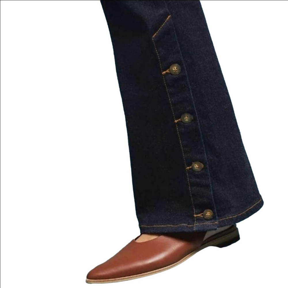 PILCRO BY ANTHROPOLOGY DARK WASH DENIM HIGH RISE BOOTCUT JEANS WITH SIDE BUTTONS - Picture 4 of 15